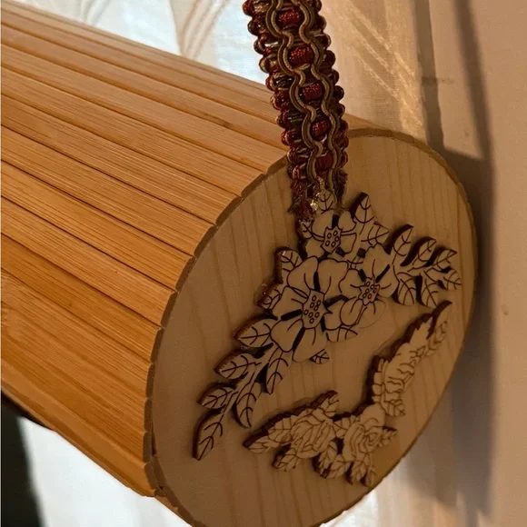 Handmade Bamboo Cylinder Handbag with Burgundy and Gold Cross body strap. - Picture 3 of 5